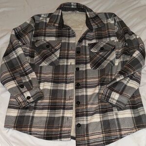 Natural Reflections Plaid Button-Down Shacket in Gray, Brown, and Cream